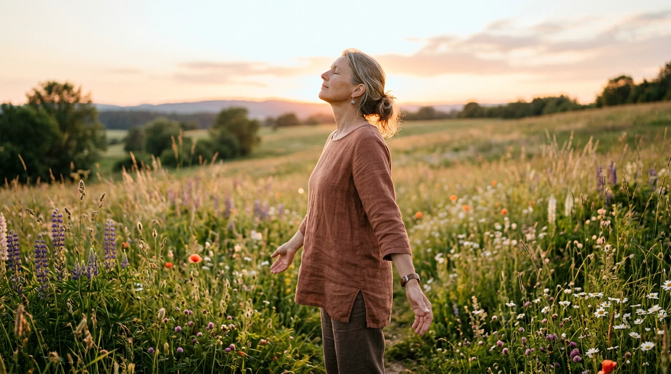 A person standing in a wildflower meadow at golden hour, arms gently open, breathing in